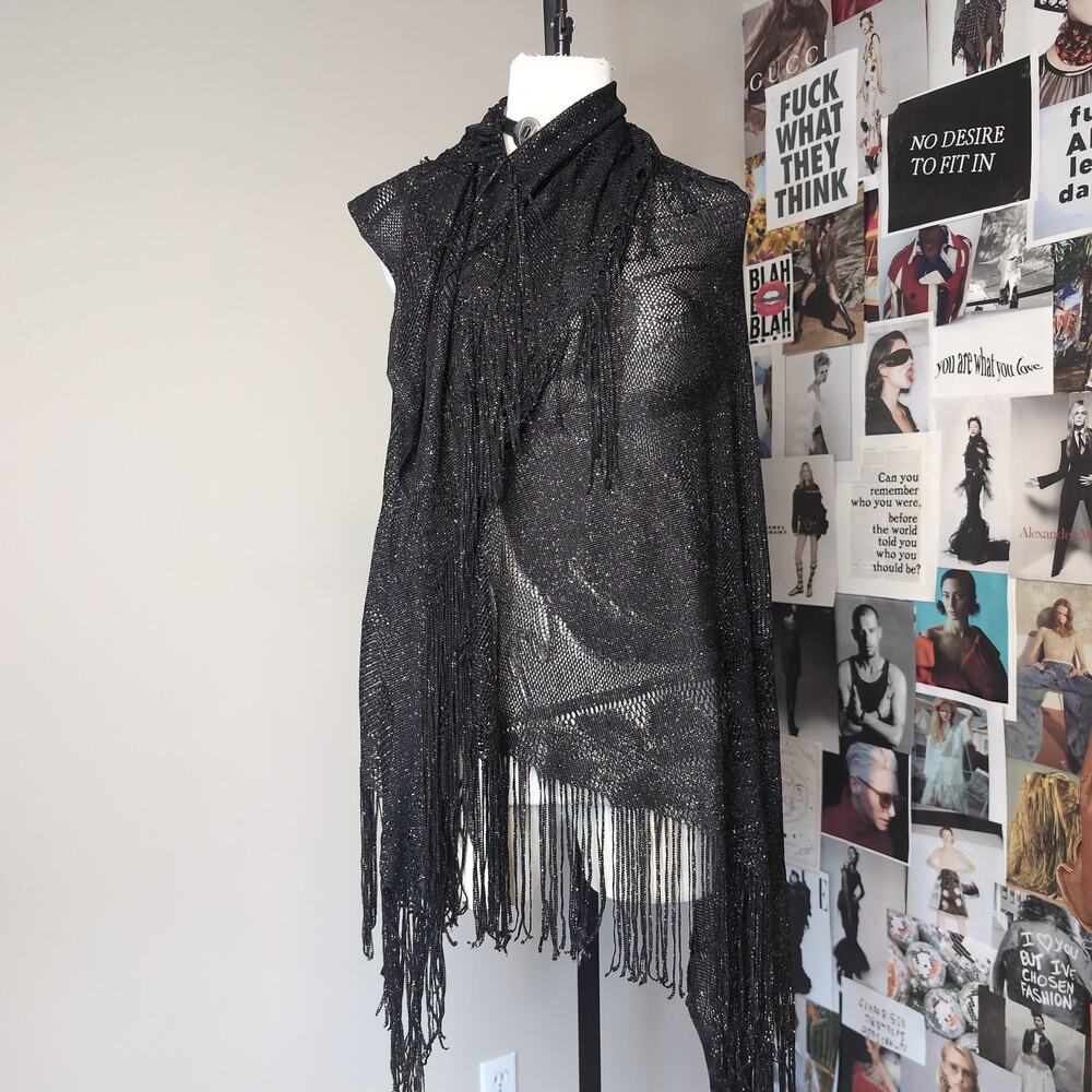 Metallic Knit Fringe Shawl Boho Scarf